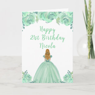Blonde Hair Princess Mint Floral Verjaardagsfeestj Kaart
