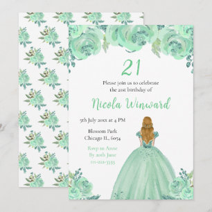 Blonde Hair Princess Mint Floral Verjaardagsfeestj Kaart