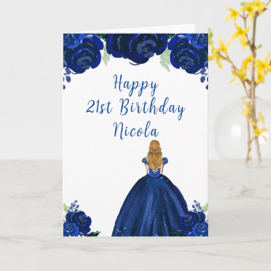 Blonde Hair Princess Navy Bloemen Verjaardagsfeest Kaart (Gele Bloem)