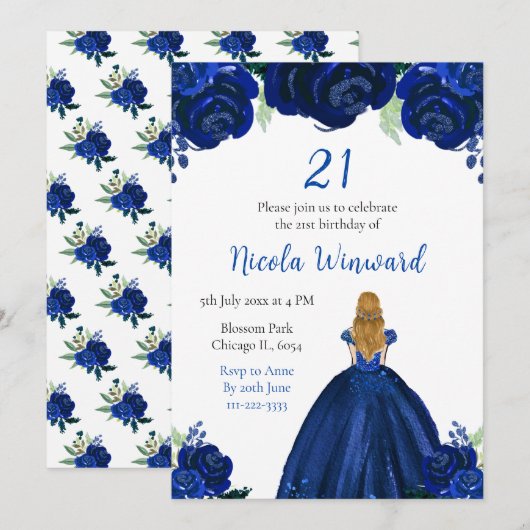Blonde Hair Princess Navy Bloemen Verjaardagsfeest Kaart (Voorkant / Achterkant)