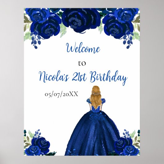 Blonde Hair Princess Navy Floral Birthday Welcome Poster (Voorkant)