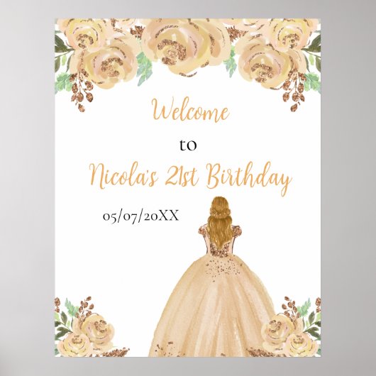 Blonde Hair Princess Peach Floral Birthday Welcome Poster (Voorkant)