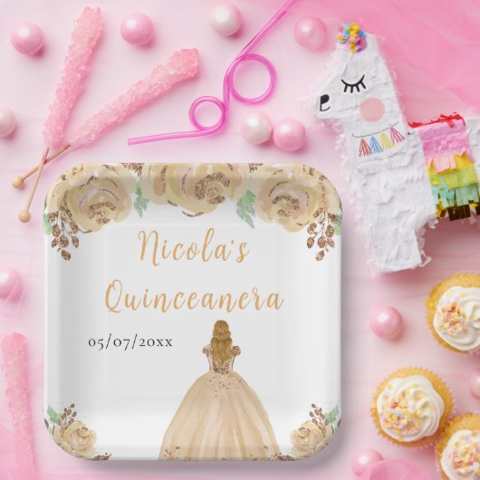 Blonde Hair Princess Peach Floral Quinceanera Papieren Bordje (Feest)