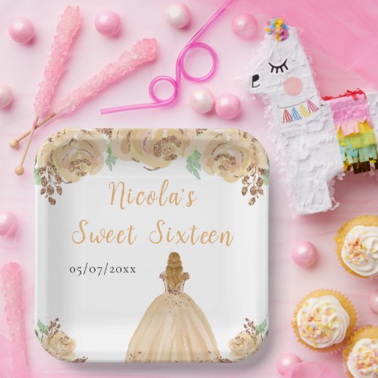Blonde Hair Princess Peach Floral Sweet Sixteen  Papieren Bordje (Feest)