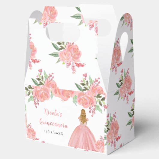 Blonde Hair Princess Pink Floral Quinceanera Bedankdoosjes (Geopend)