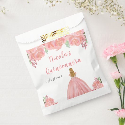 Blonde Hair Princess Pink Floral Quinceanera Bedankzakje (Gezegeld)