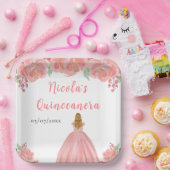 Blonde Hair Princess Pink Floral Quinceanera Papieren Bordje (Feest)
