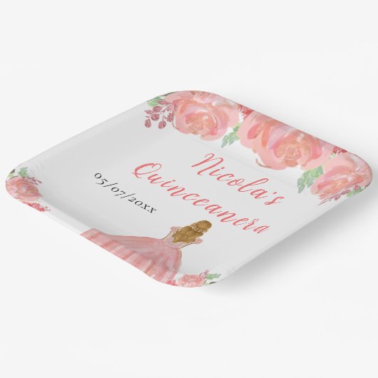 Blonde Hair Princess Pink Floral Quinceanera Papieren Bordje (Gebogen)
