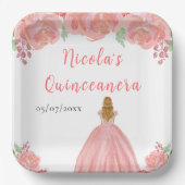 Blonde Hair Princess Pink Floral Quinceanera Papieren Bordje (Voorkant)