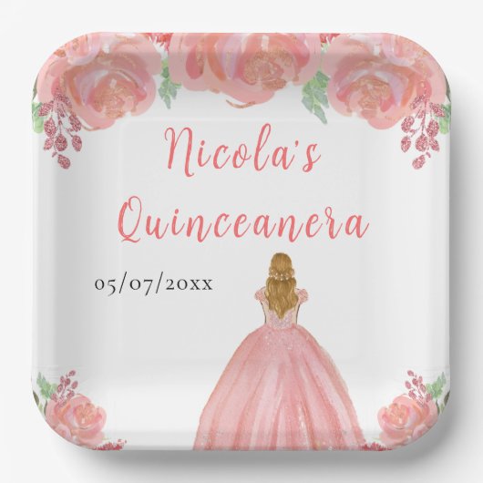 Blonde Hair Princess Pink Floral Quinceanera Papieren Bordje (Voorkant)