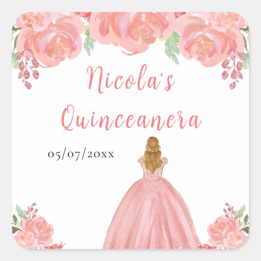 Blonde Hair Princess Pink Floral Quinceanera Vierkante Sticker (Voorkant)