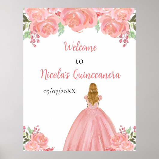 Blonde Hair Princess Pink Quinceanera Welkom Poster (Voorkant)