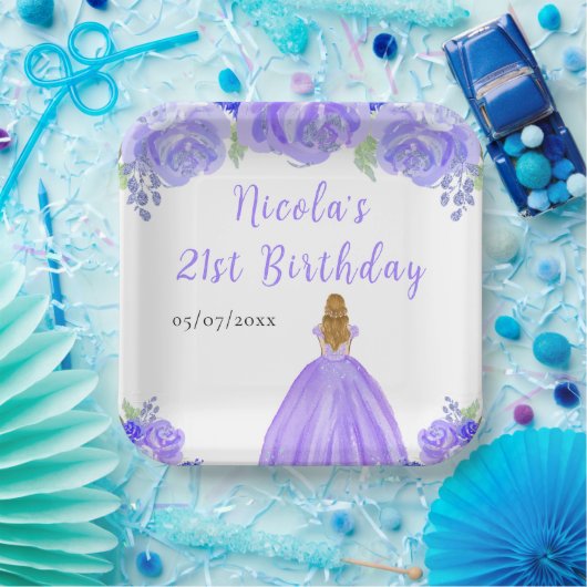 Blonde Hair Princess Purple Floral Birthday Party Papieren Bordje (Feest)