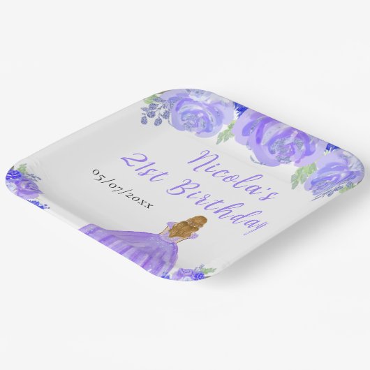 Blonde Hair Princess Purple Floral Birthday Party Papieren Bordje (Gebogen)