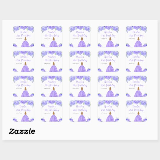 Blonde Hair Princess Purple Floral Birthday Party Vierkante Sticker (Vel)