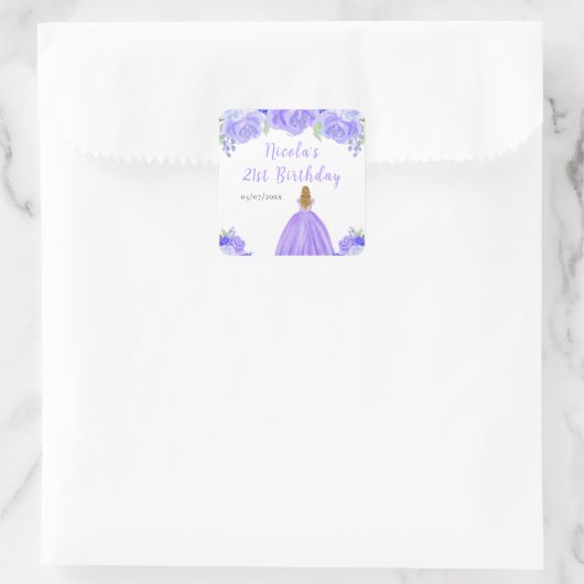 Blonde Hair Princess Purple Floral Birthday Party Vierkante Sticker (Tas)