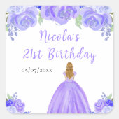 Blonde Hair Princess Purple Floral Birthday Party Vierkante Sticker (Voorkant)