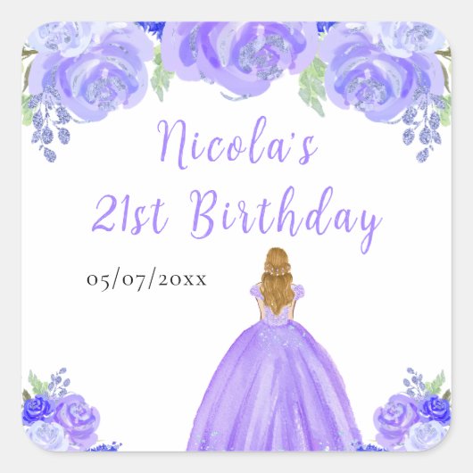 Blonde Hair Princess Purple Floral Birthday Party Vierkante Sticker (Voorkant)