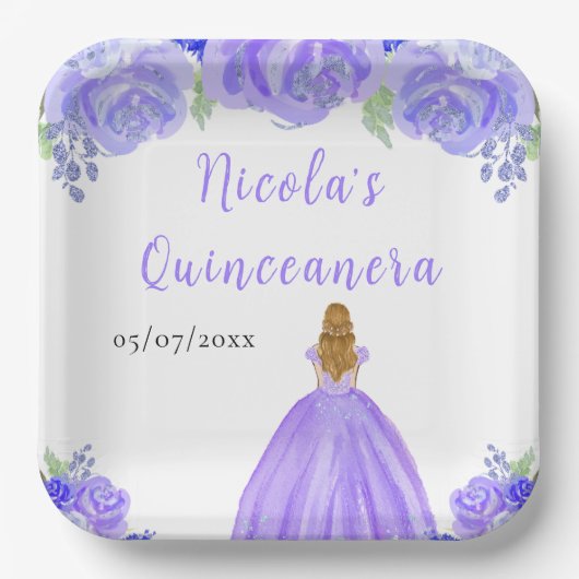 Blonde Hair Princess Purple Floral Quinceanera Papieren Bordje (Voorkant)