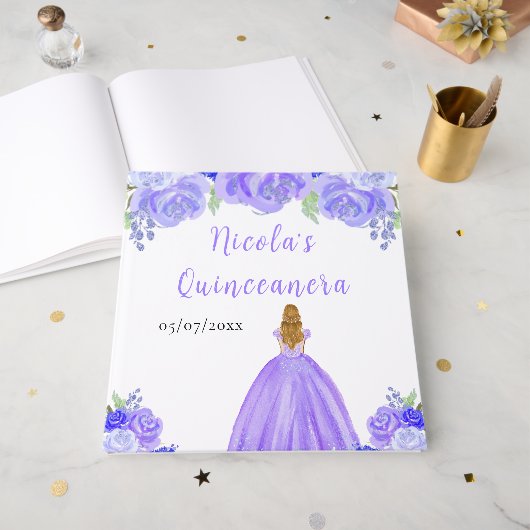 Blonde Hair Princess Purple Quinceanera Guest Book Gastenboek (Voorkant open)