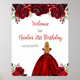 Blonde Hair Princess Red Birthday Welcome Poster