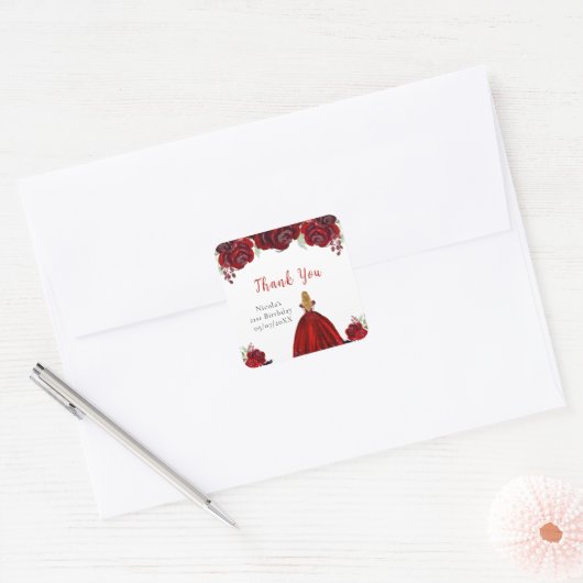 Blonde Hair Princess Red Floral Birthday Vierkante Sticker (Envelop)