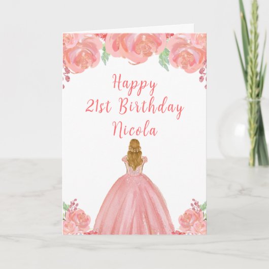 Blonde Hair Princess Roze Bloemen Verjaardagsfeest Kaart (Voorkant)