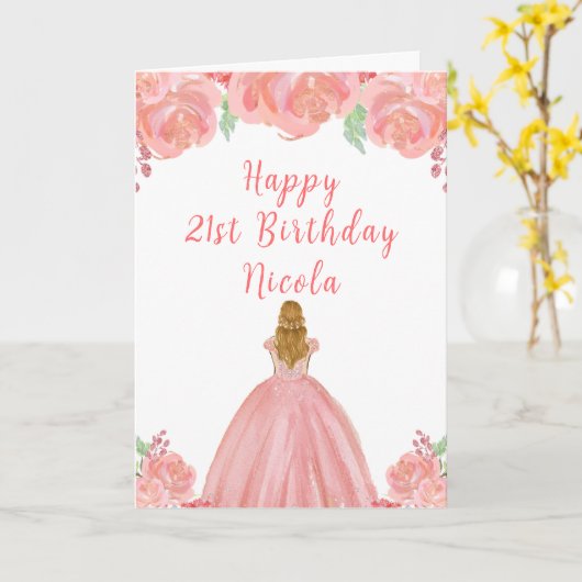 Blonde Hair Princess Roze Bloemen Verjaardagsfeest Kaart (Gele Bloem)