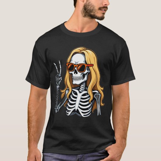 Blonde Hair Skeleton Giving Peace Sign T-shirt (Voorkant)