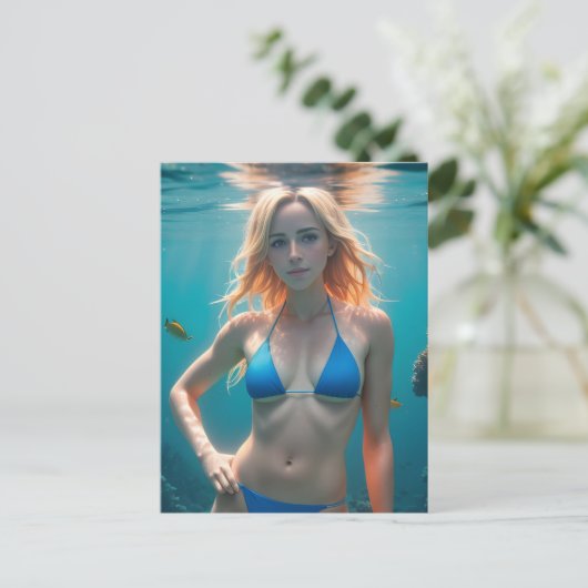 Blonde Haire Woman Blue Bikini Underwater Foto Briefkaart (Staand voorkant)