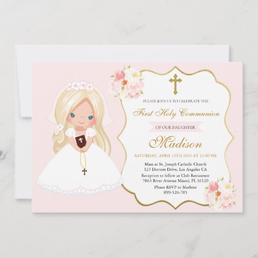 Blonde haired Girl First Communion Soft Pink Kaart (Voorkant)