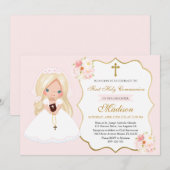 Blonde haired Girl First Communion Soft Pink Kaart (Voorkant / Achterkant)
