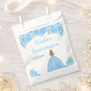 Blonde Haren Prinses Blauwe Bloemige Quinceanera Bedankzakje