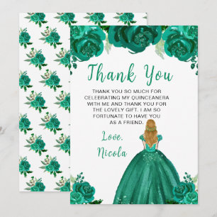 Blonde Haren Prinses Groene Bloemige Quinceanera Bedankkaart