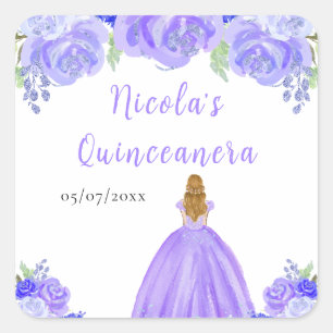 Blonde Haren Prinses Paarse Bloem Quinceanera Vierkante Sticker