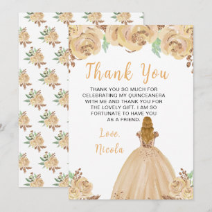 Blonde Haren Prinses Peach Bloemige Quinceanera Bedankkaart