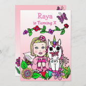 Blonde Hazard Fairy and Unicorn Pink Birthday Kaart (Voorkant / Achterkant)