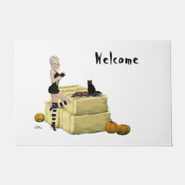 Blonde heks die de deur van de deur omhoog gooien deurmat