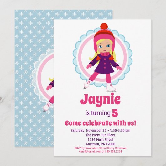 Blonde Ice Skater Birthday Party Kaart (Voorkant / Achterkant)