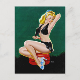 Blonde in blauwe schuifbalken omhoog briefkaart