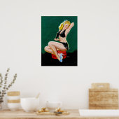 Blonde in blauwe schuifbalken omhoog poster (Keuken)