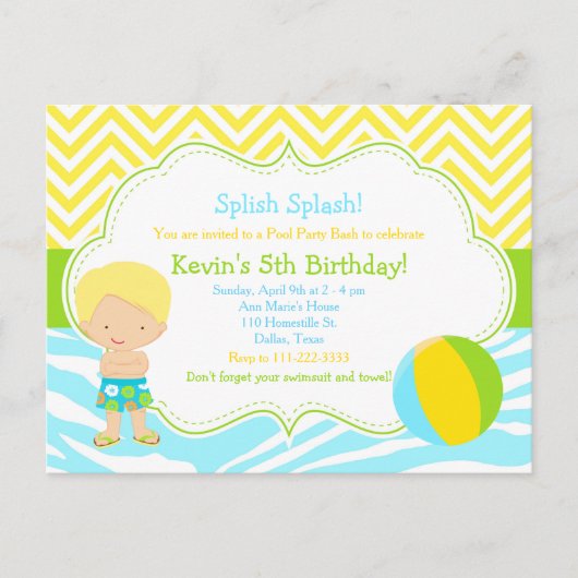 Blonde Jongen Poolparty Bash Feest Briefkaart (Voorkant)