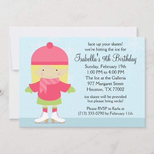 Blonde Kaukasus Ice Skating Birthday Party Kaart (Voorkant)