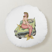 Blonde Meermin op Oude Groene Auto Waterverf Illus Rond Kussen (Achterkant)