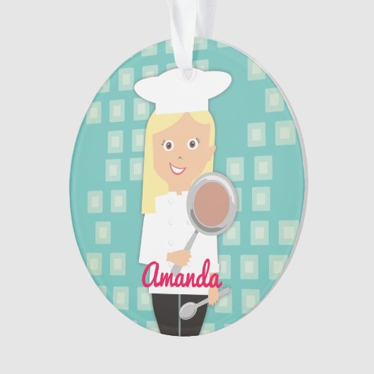 Blonde meisje chef-kok pet koekenpan gepersonalise ornament (voorkant)