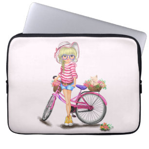 Blonde-meisje met roze bike laptophoes met cadeaut laptop sleeve