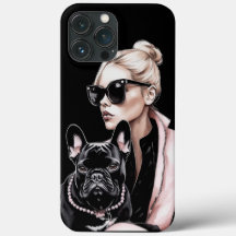 Blonde meisje met zonnebrillen zwarte Franse bulld