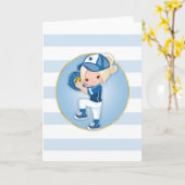 Blonde Meisjes Blauwe Softbal Kaart (Gele Bloem)