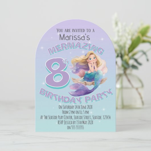 Blonde Mermaid Age Birthday Party Invitation Kaart (Staand voorkant)