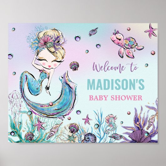 Blonde Mermaid Baby shower onder het Zee Welkom Poster (Voorkant)